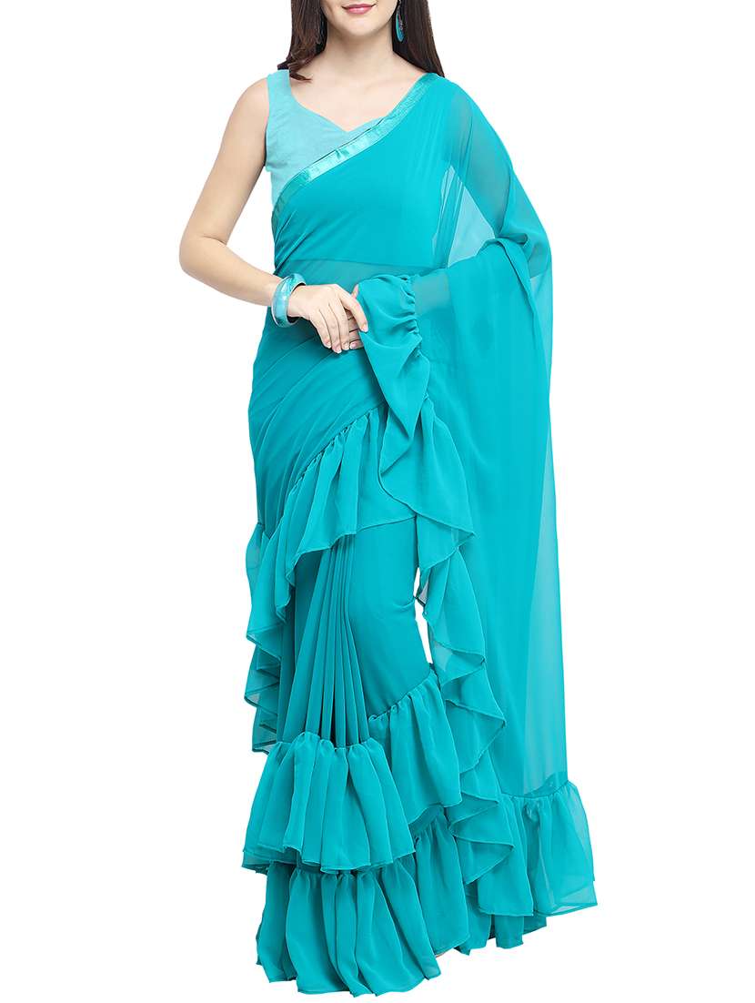 ruffled border solid saree with blouse