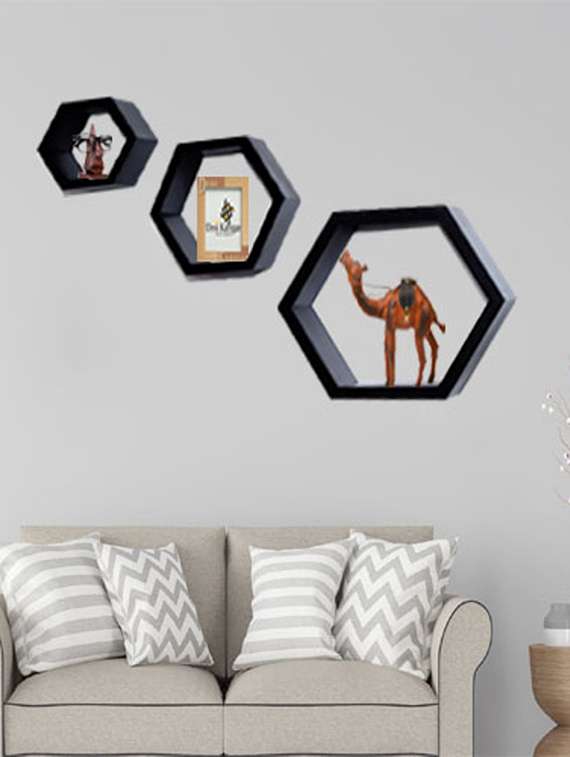desi karigar wall mount shelves hexagon shape set of 3 wall shelves black