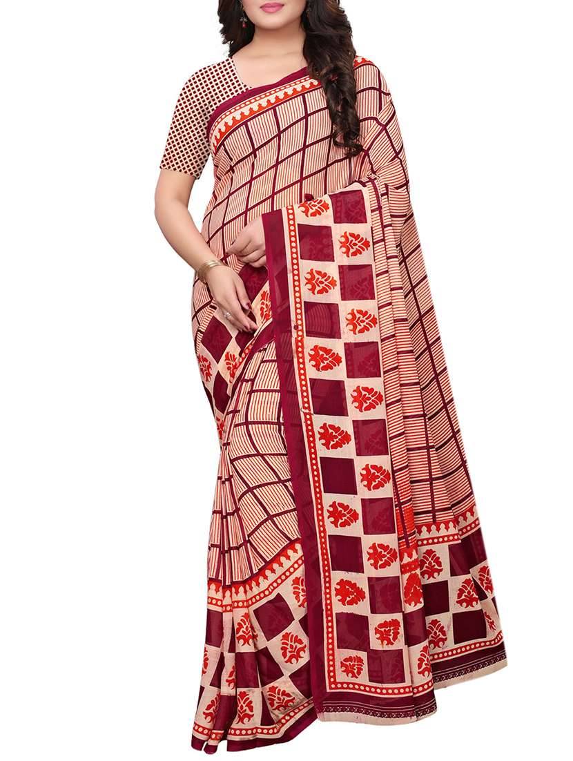 checkered ethnic motif printed saree with blouse