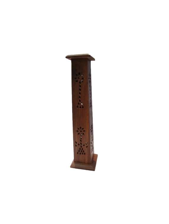 desi karigar wooden sheesham square tower shaped incense stick holder cum dhoop holder