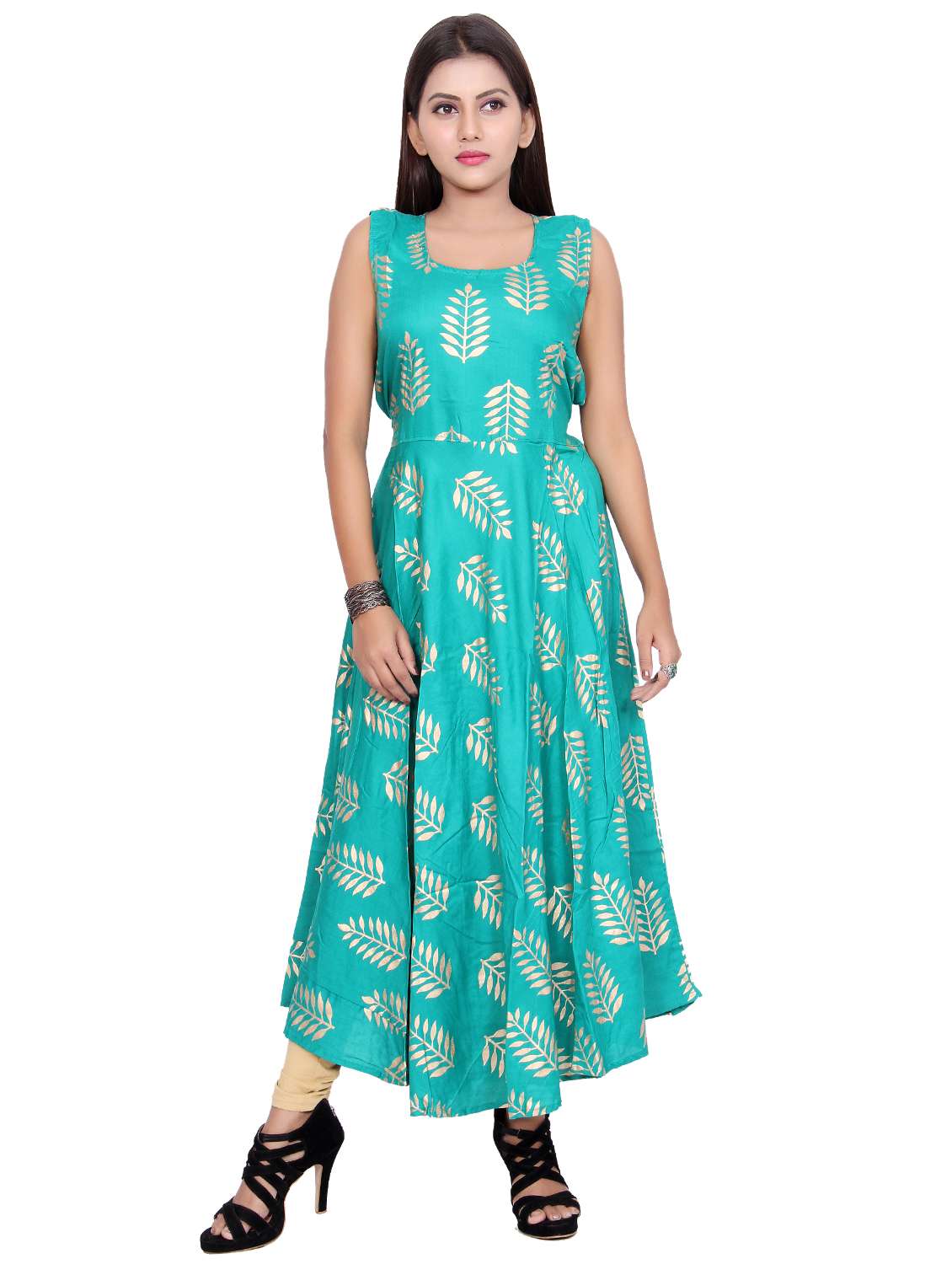 turquoise foil print flared kurta
