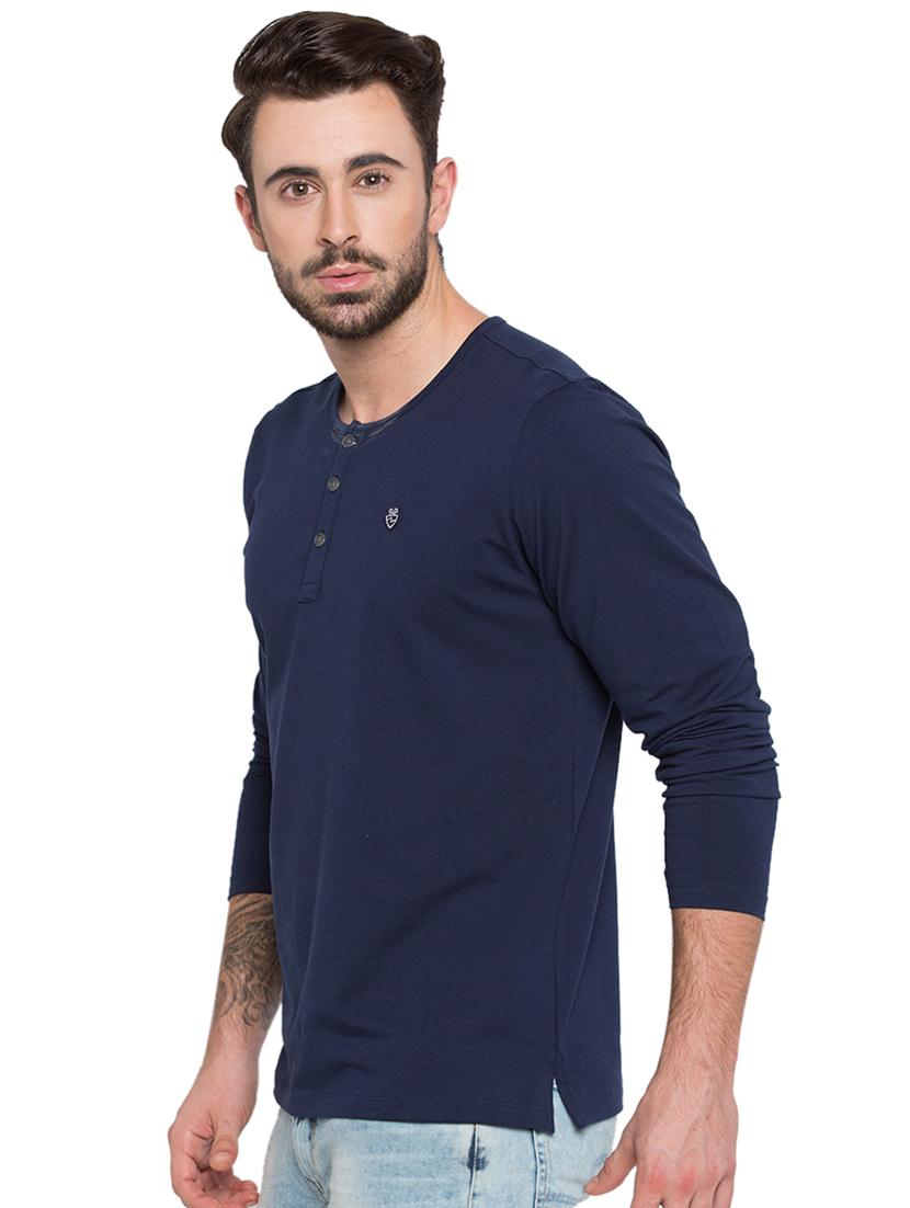 solid blue henley neck t-shirt - 15772920 - Standard Image - 1