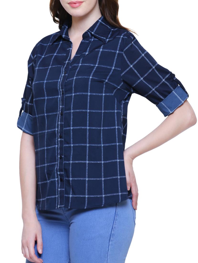 navy checked roll tab sleeved shirt - 15778798 - Standard Image - 1