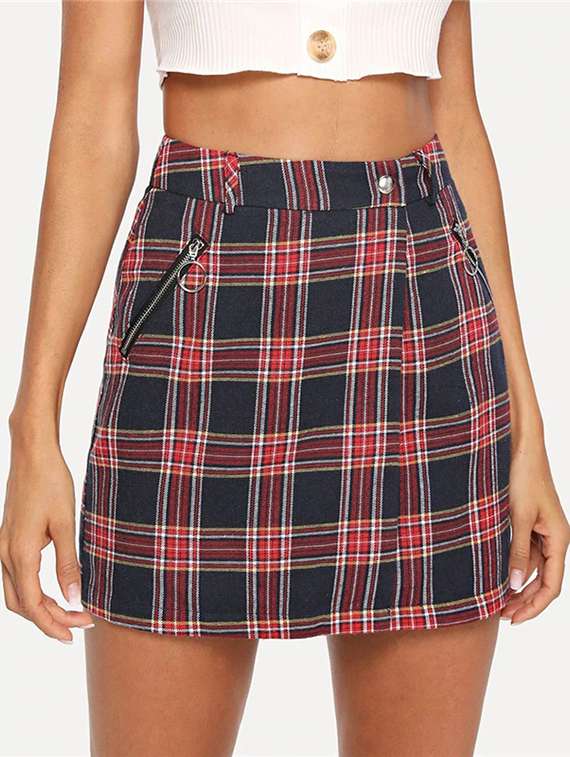 a-line checkered zipper detail skirt