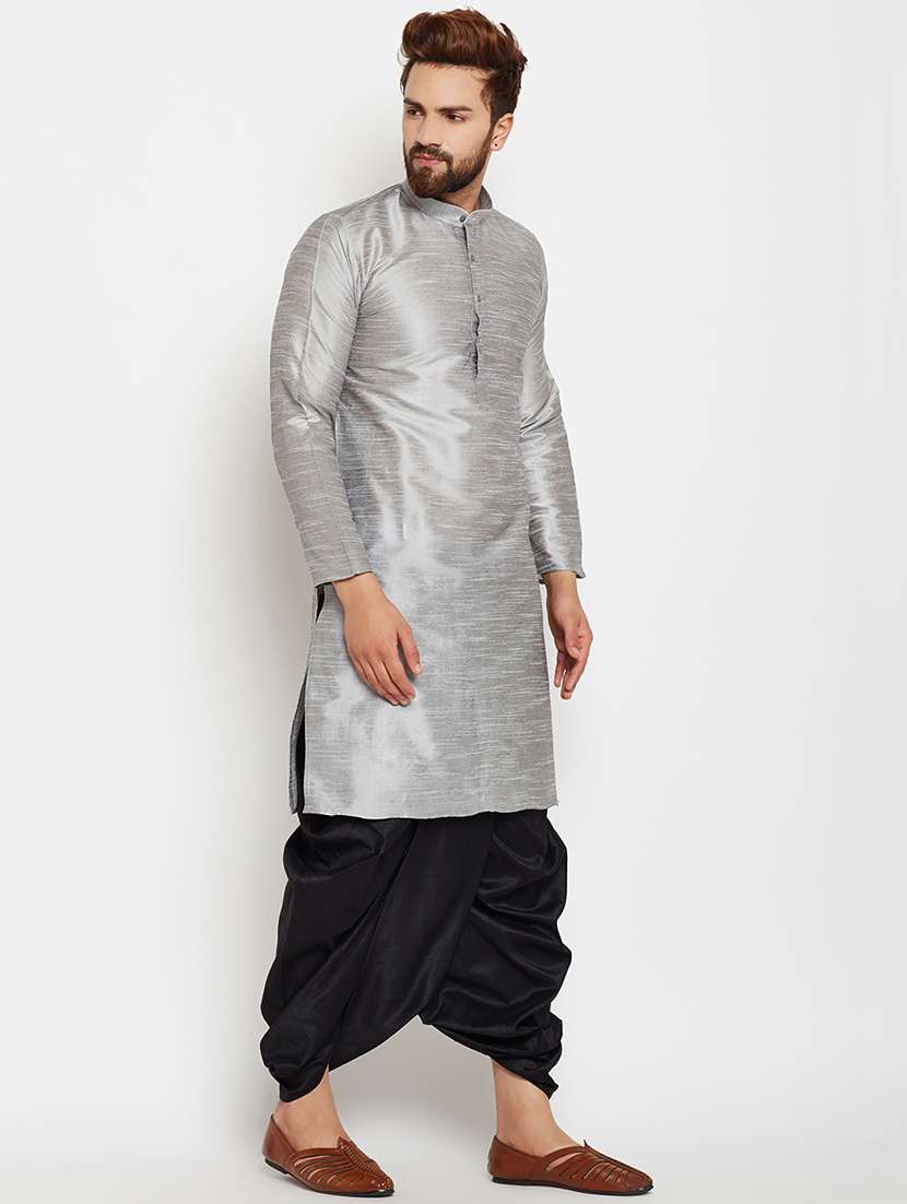 silver silk blend dhoti kurta set - 15781706 - Standard Image - 1
