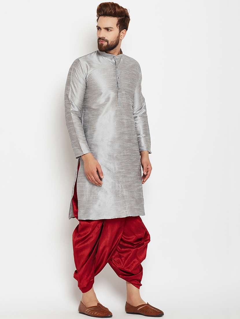 silver silk blend dhoti kurta set - 15781707 - Standard Image - 1