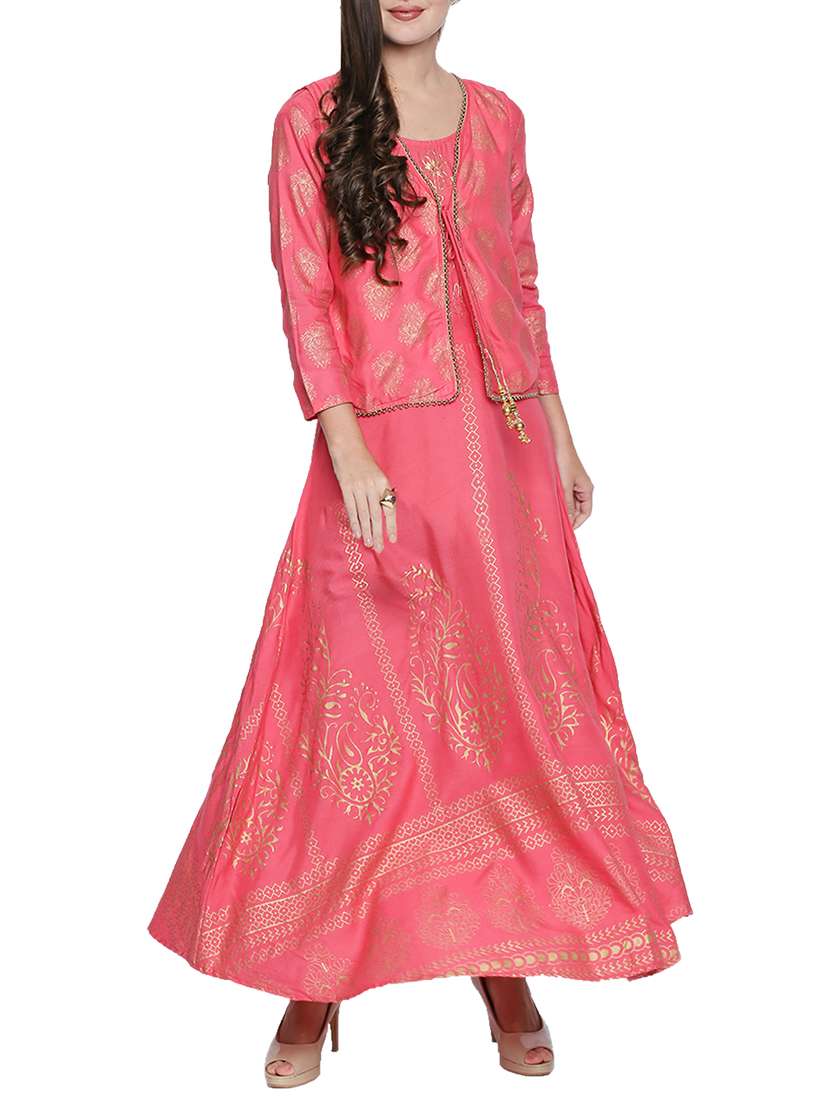 a-line foil print kurta with jacket