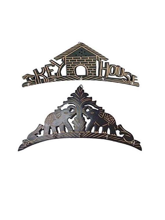 desi karigar beautiful wooden wall hanging key holder (key house & elephant shape) . a perfect key holder set of 2