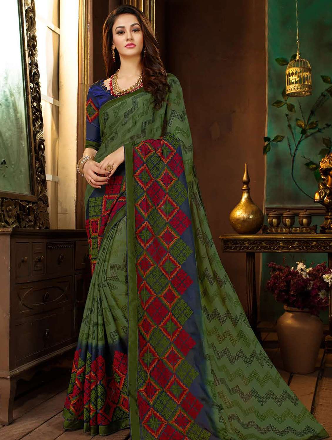 chevron printed embroidered saree with blouse