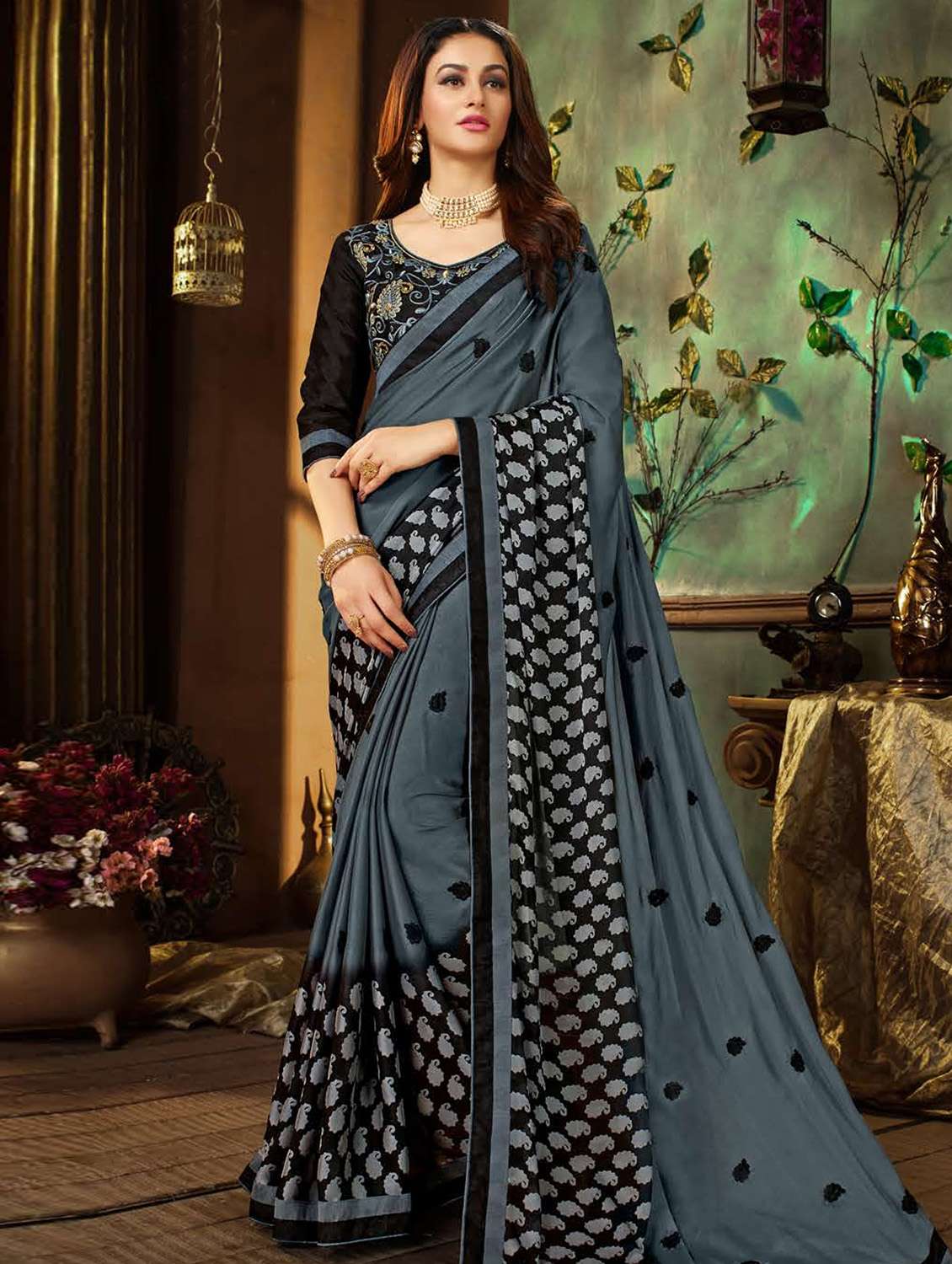 paisley border embroidered saree with blouse