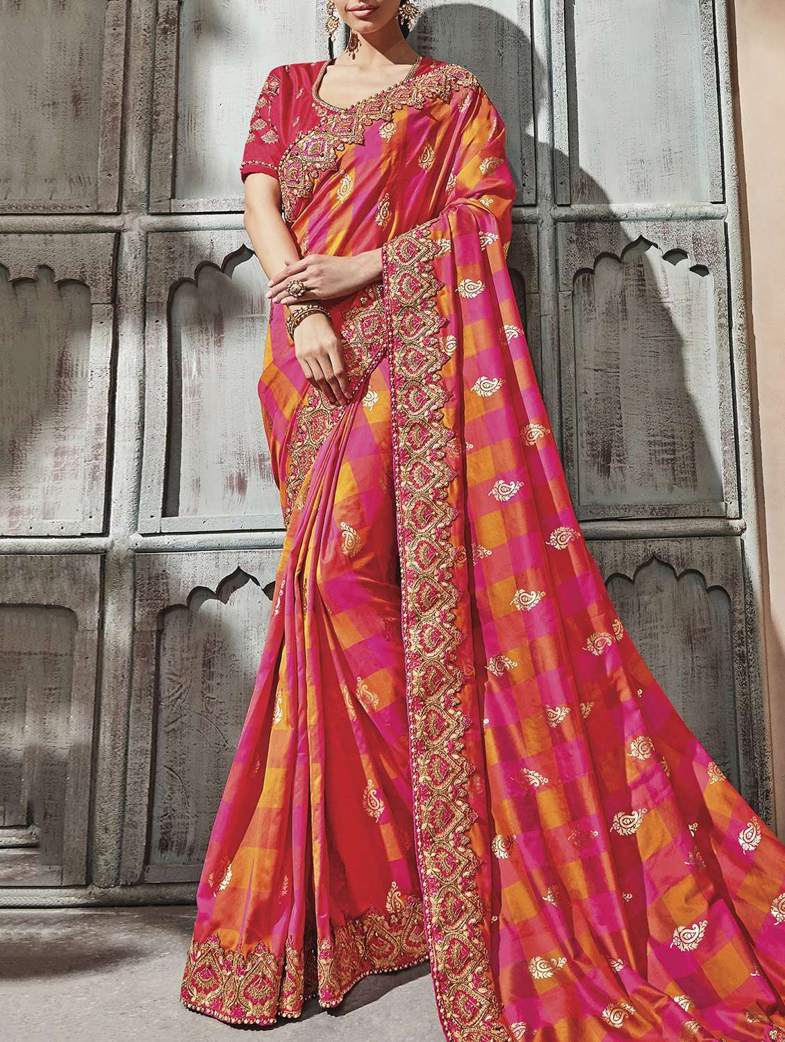 checkered ethnic motif foil print saree with blouse