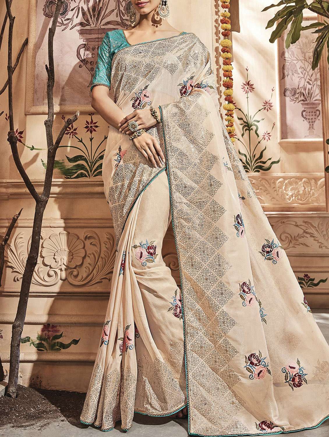 floral embroidered saree with blouse