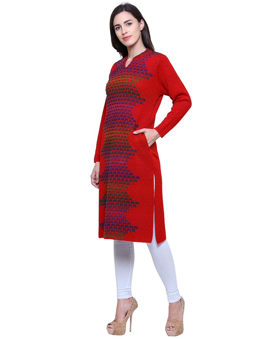 red acrylic woolen kurta - 15795056 - Standard Image - 1