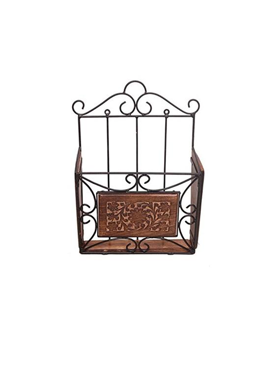 desi karigar wooden & iron magazine holder with handcarving work size(lxbxh-11x4x15) inch - 15796066 - Standard Image - 1