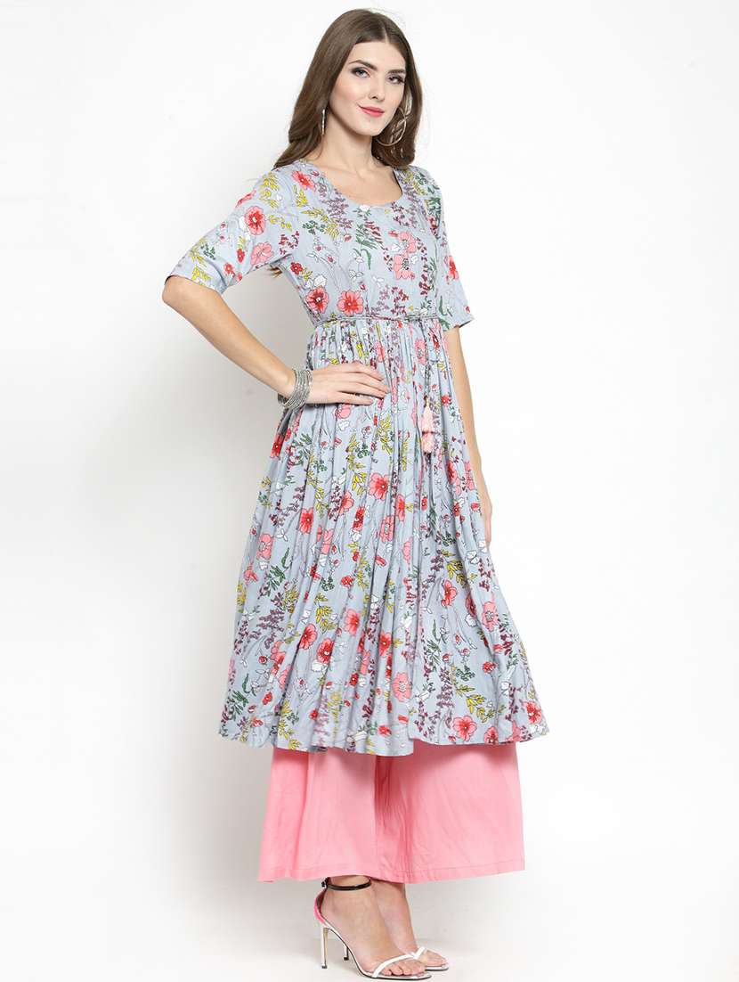 floral front drawstring flared kurta with palazzo set - 15799865 -  Standard Image - 1