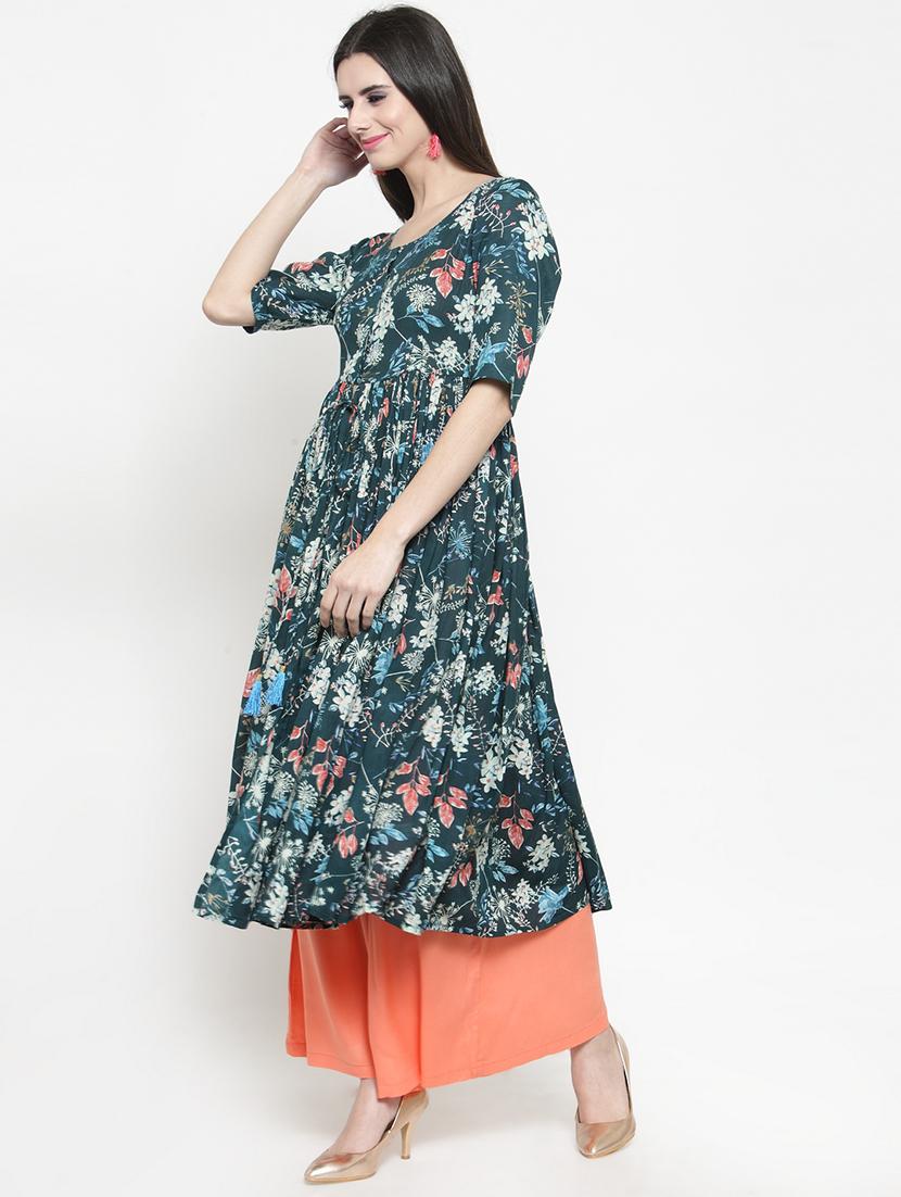 floral front drawstring flared kurta with palazzo set - 15799866 -  Standard Image - 1