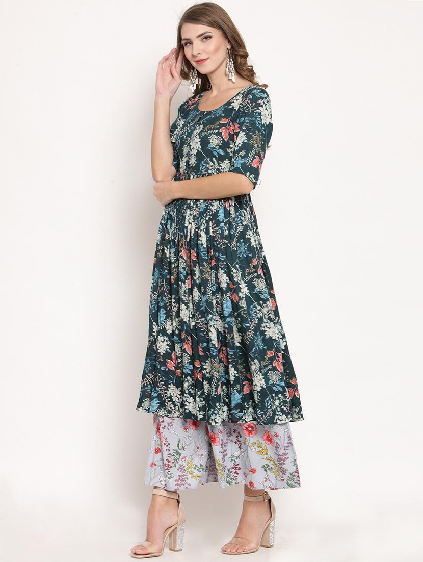 floral front drawstring flared kurta with palazzo set - 15799867 - Standard Image - 1