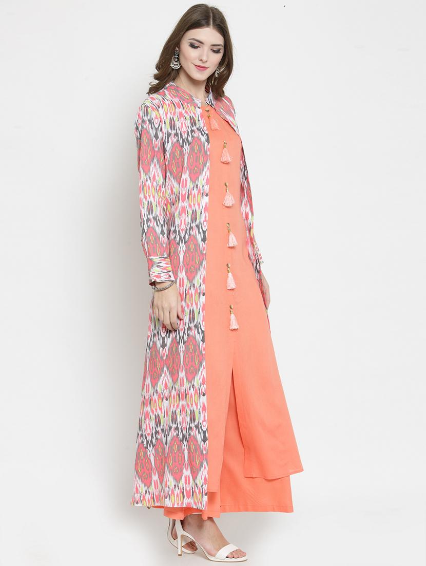ikat printed layered kurta with palazzo set - 15799870 -  Standard Image - 1