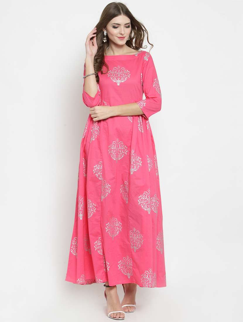 pink printed gather detail ethnic maxi dress