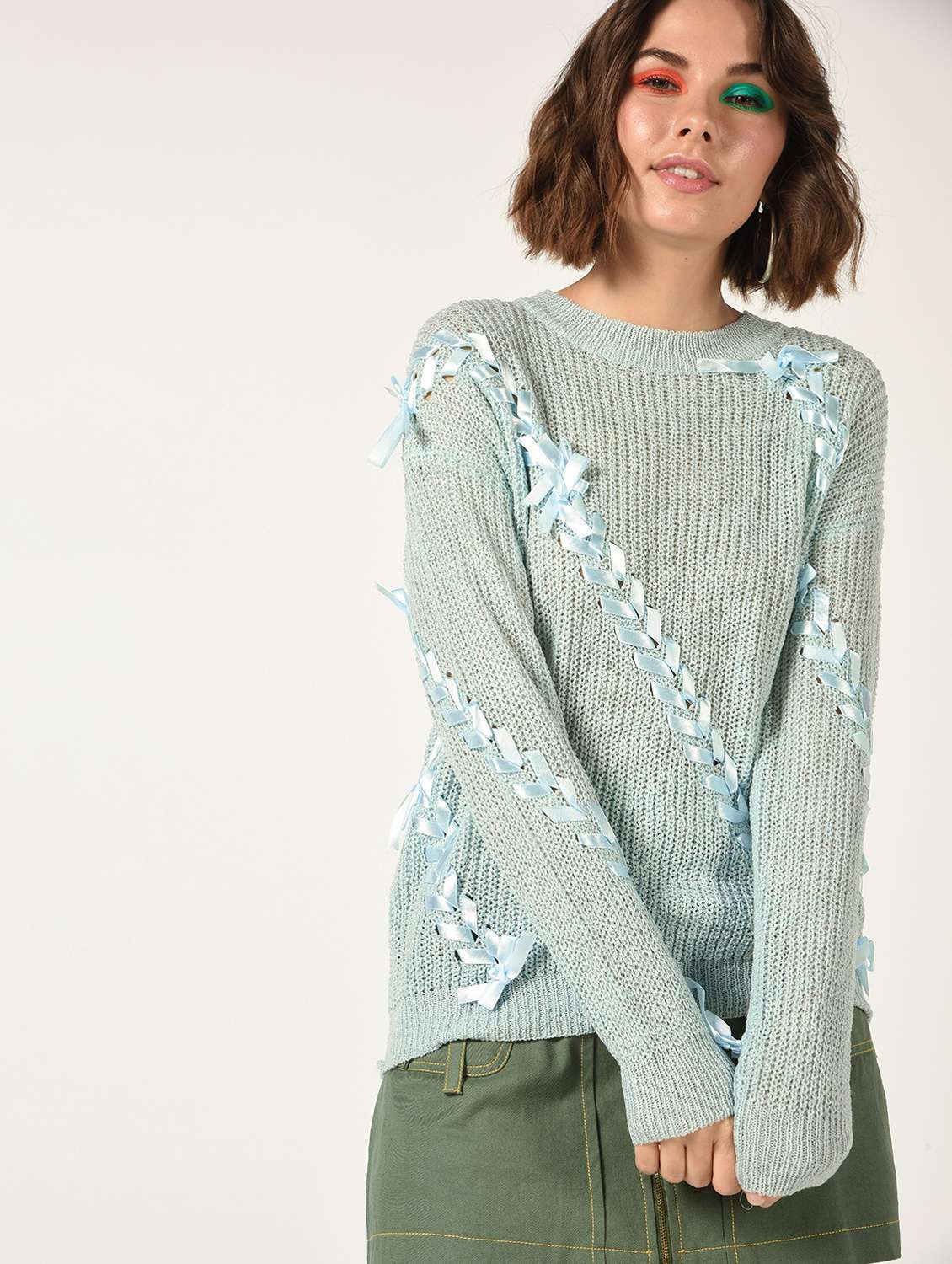 dropped shoulder lace up detail pullover