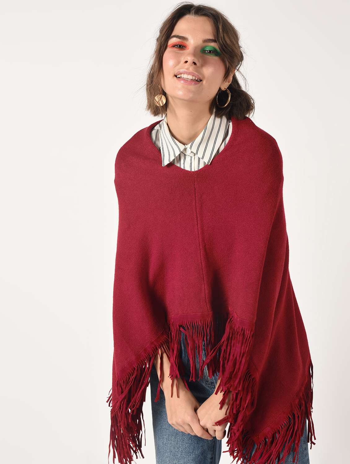 fringed edge v-neck poncho