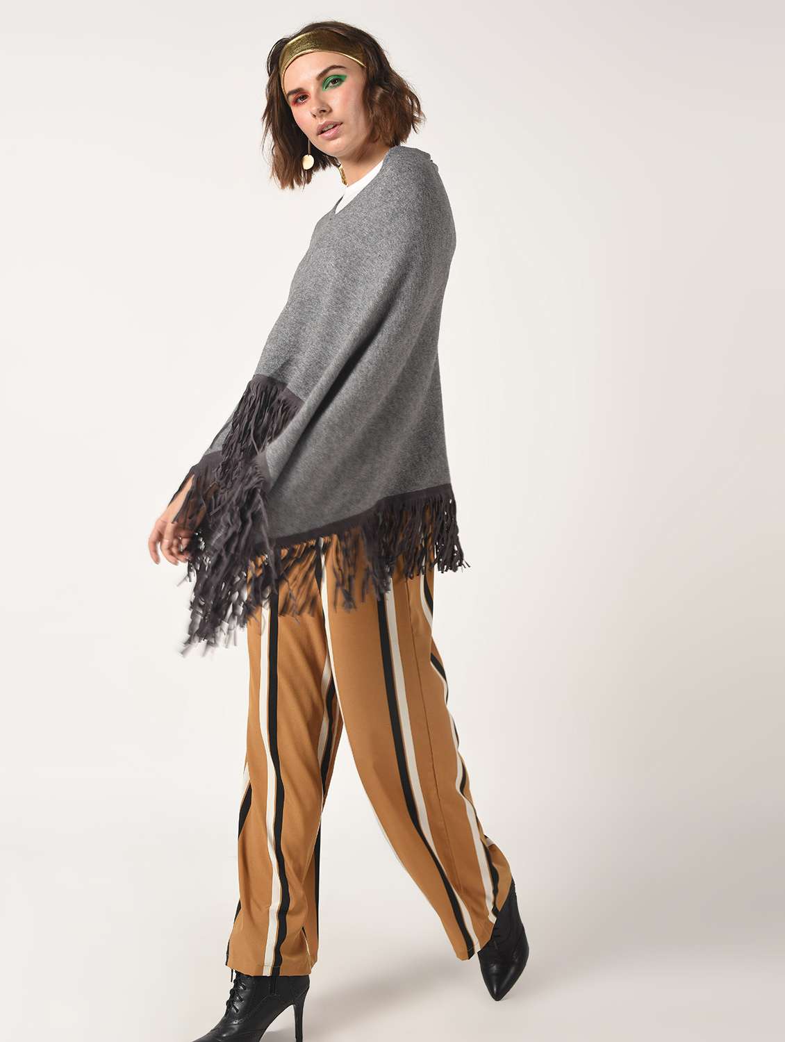 fringed edge v-neck poncho