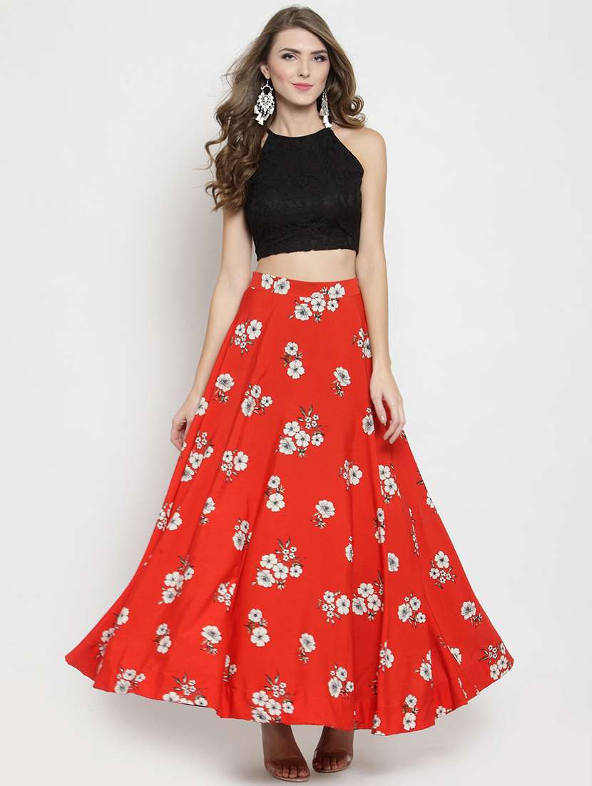lace crop top and floral skirt set