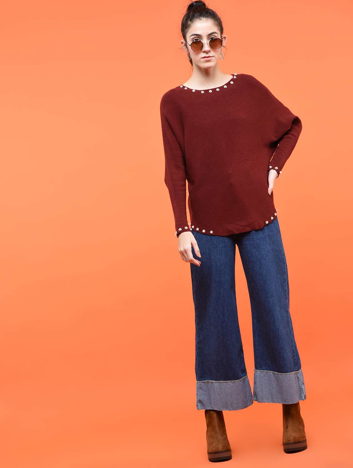 pearl embellished dolman sleeved top