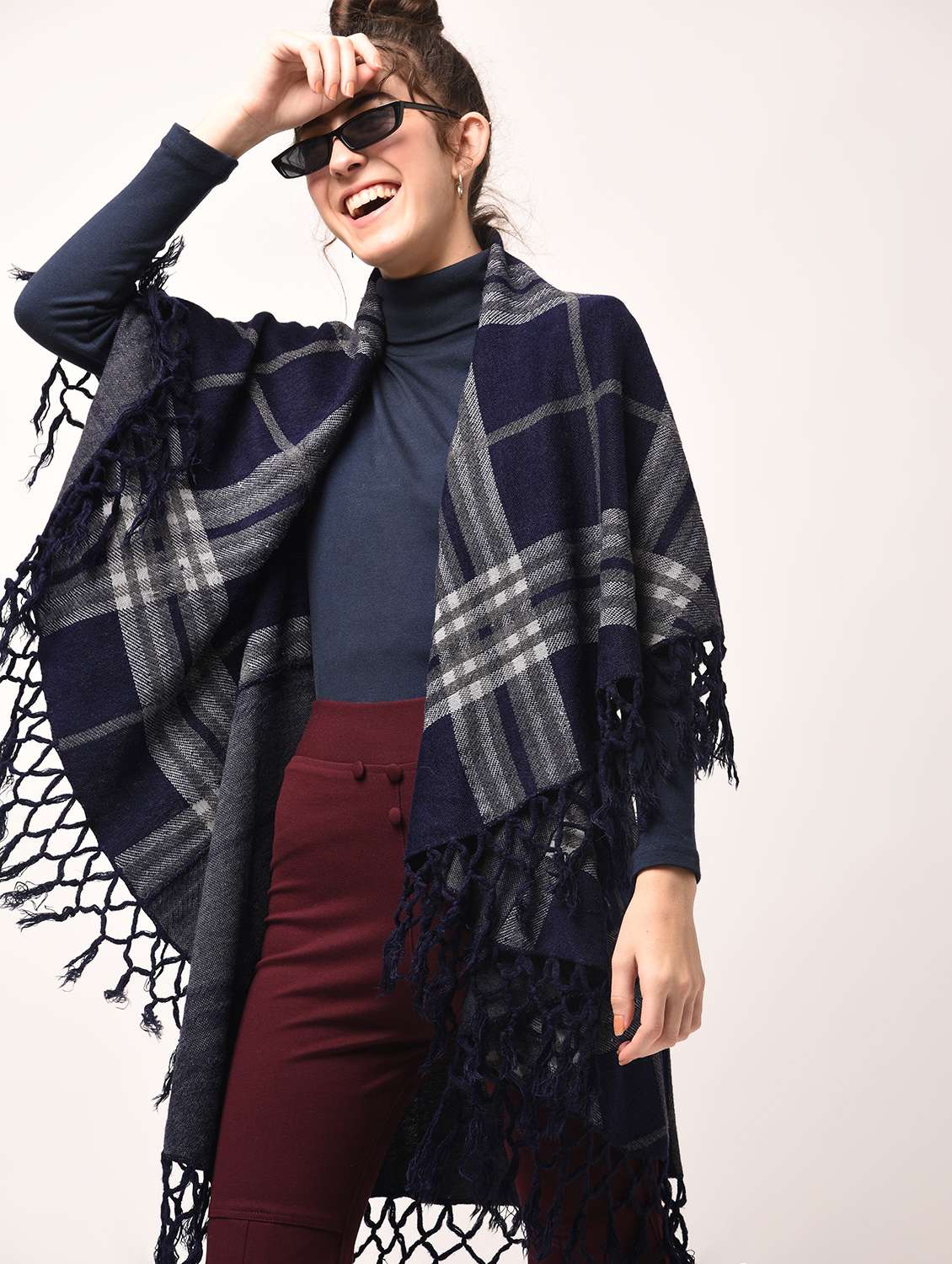 checkered fringed hem poncho