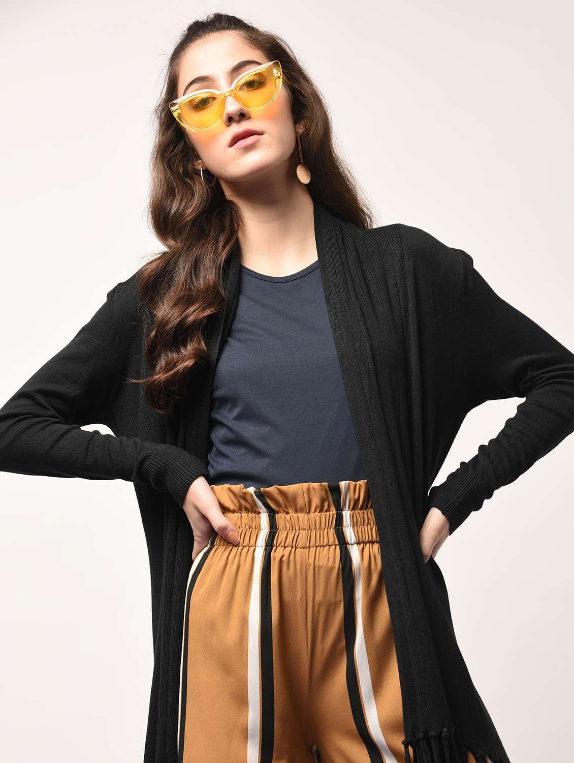 rib detail sleeved fringed hem shrug