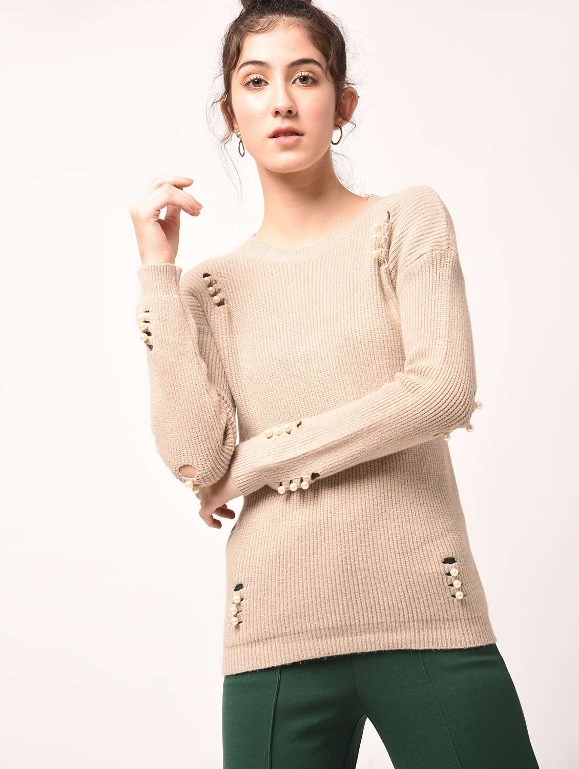 dropped shoulder pearl embellished pullover