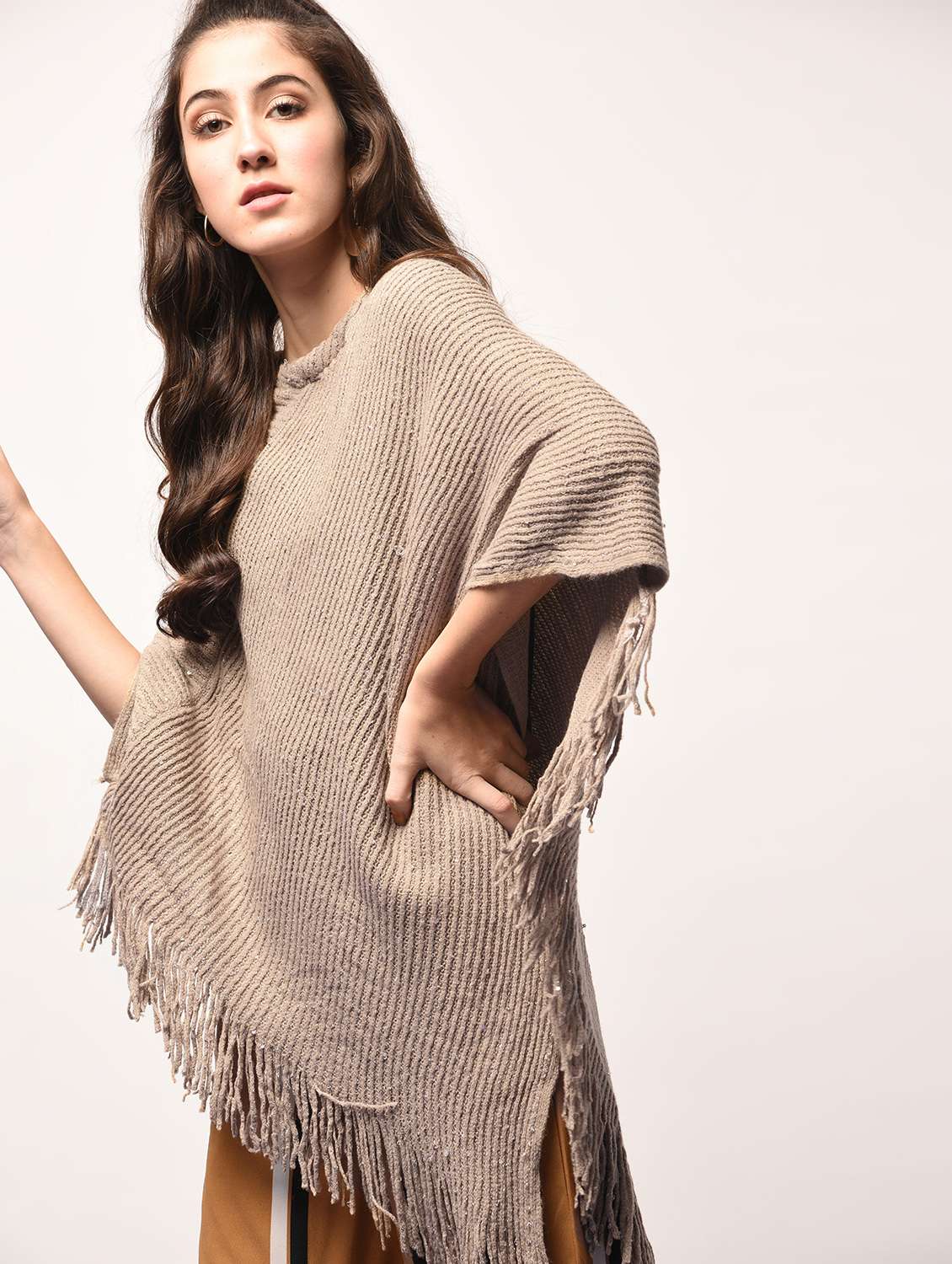 sequined fringed edge poncho