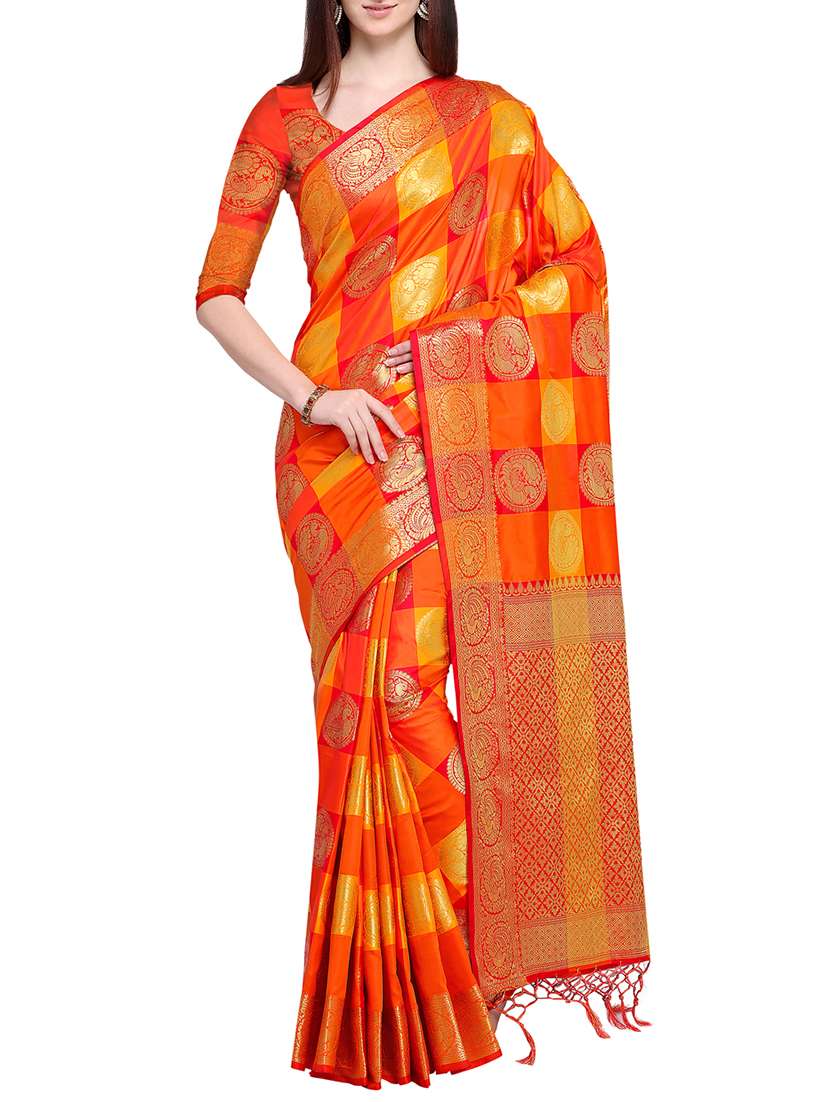 checkered ethnic motif banarasi silk saree with blouse