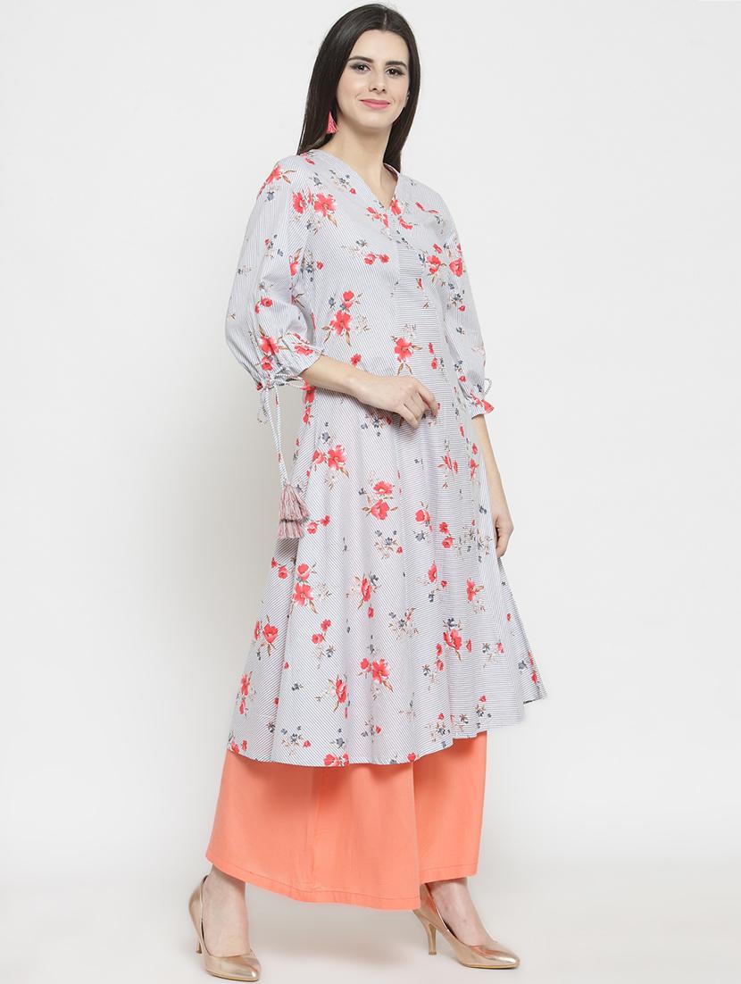 tie up sleeved floral flared kurta palazzo set - 15802767 - Standard Image - 1