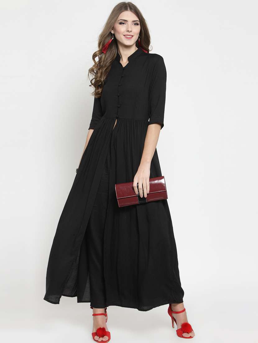 women solid mandarin neck high slit tunic