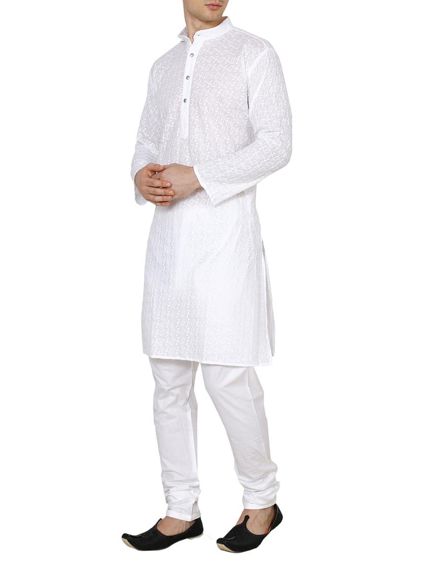 white cotton embroidered long kurta - 15803129 -  Standard Image - 1
