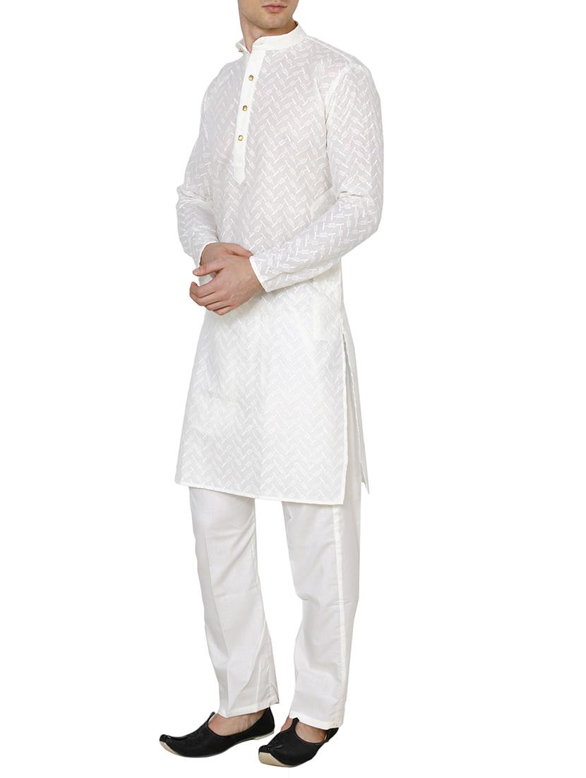 white cotton embroidered long kurta - 15803134 - Standard Image - 1