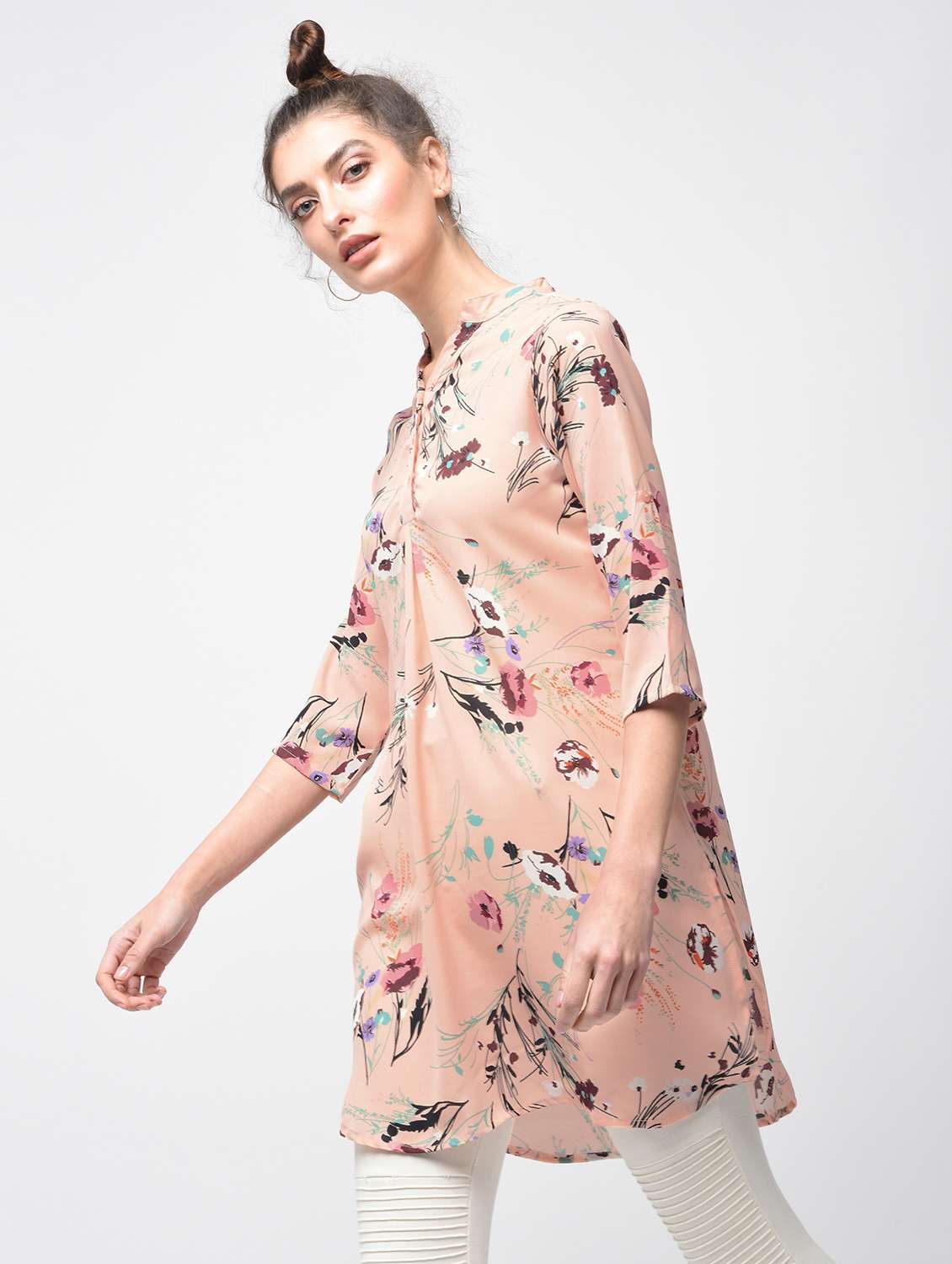 roll up sleeved botanical print tunic