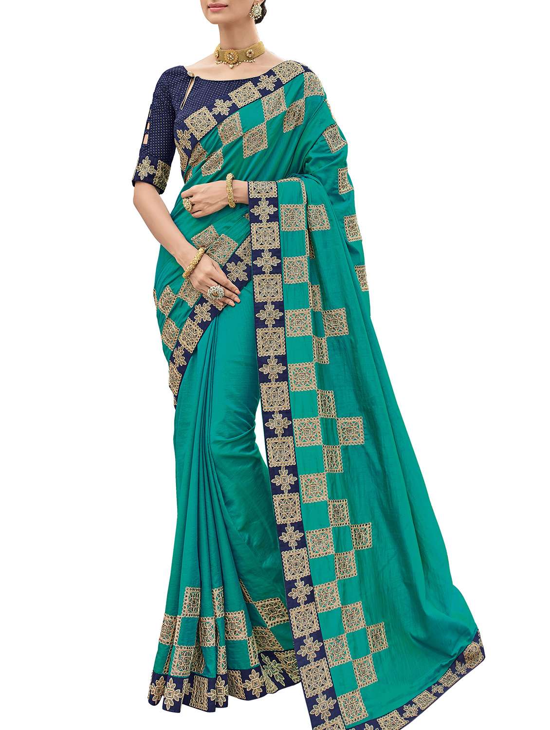 resham embroidered turquoise saree with blouse