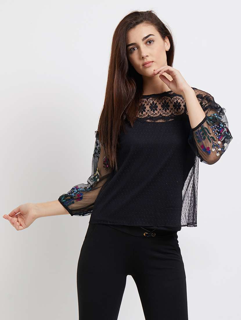 lace detail embroidered top