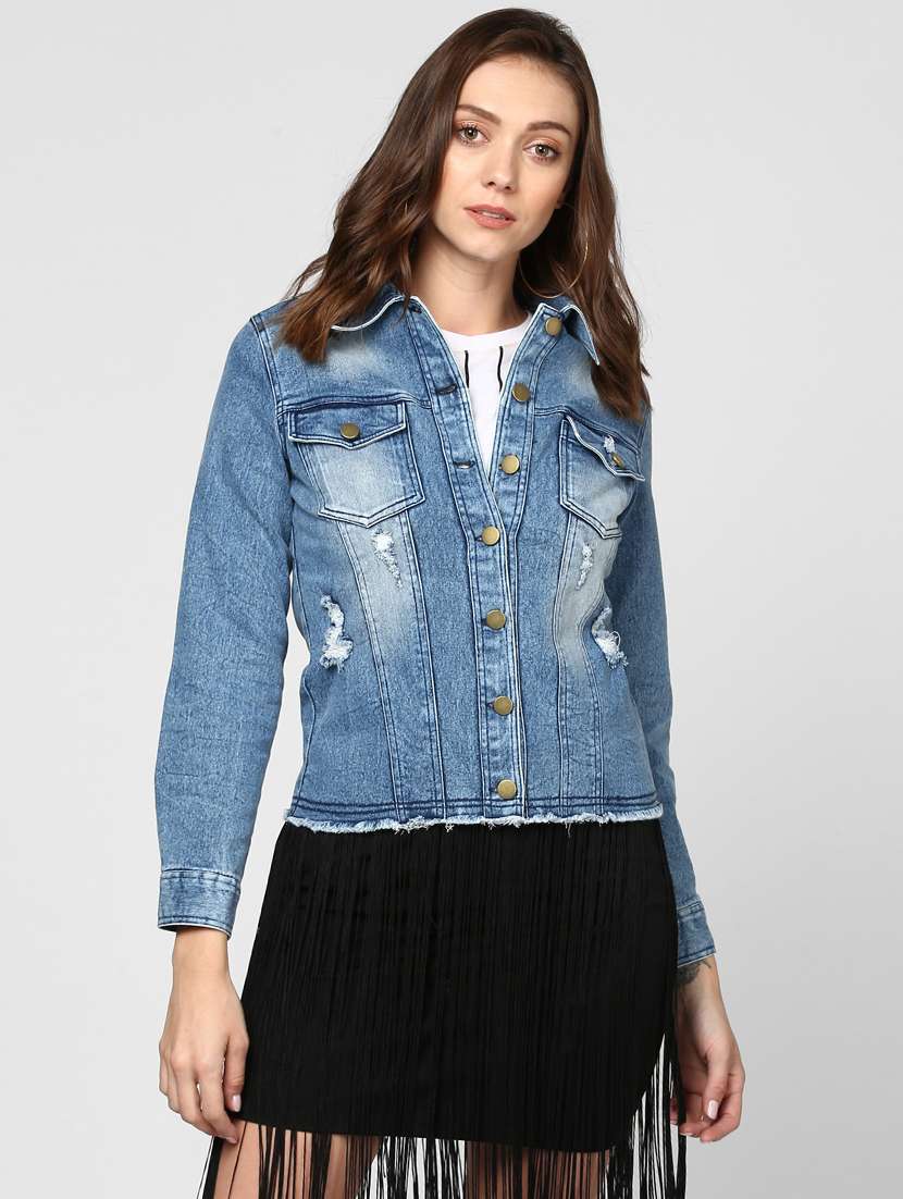 blue distressed button up denim jacket