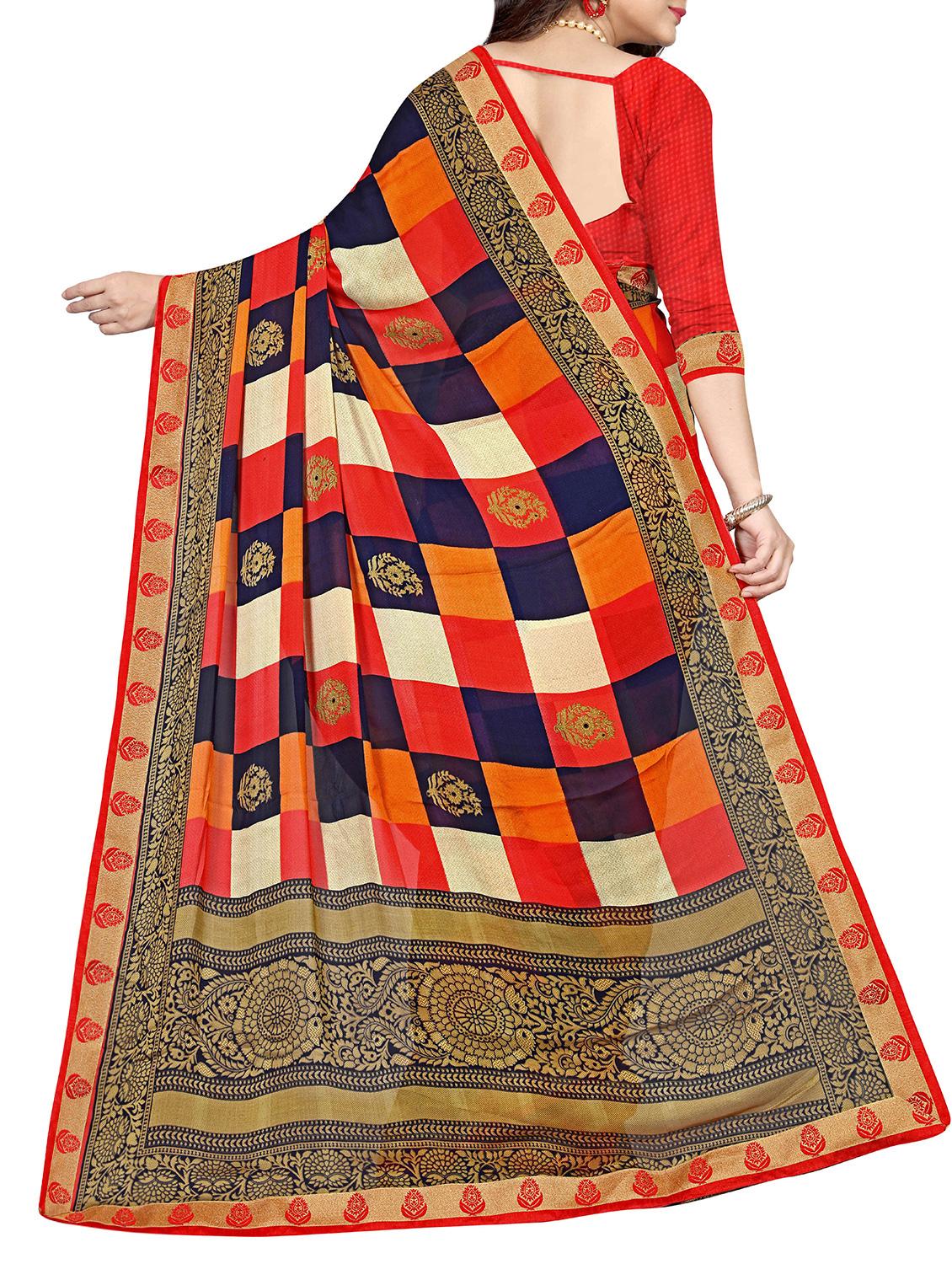 checkered floral printed saree with blouse - 15809238 -  Standard Image - 1