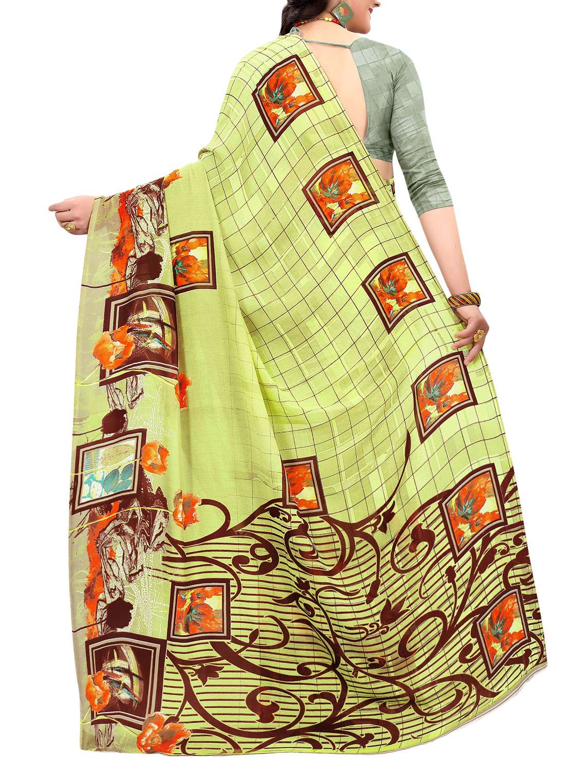 checkered floral printed saree with blouse - 15809282 -  Standard Image - 1