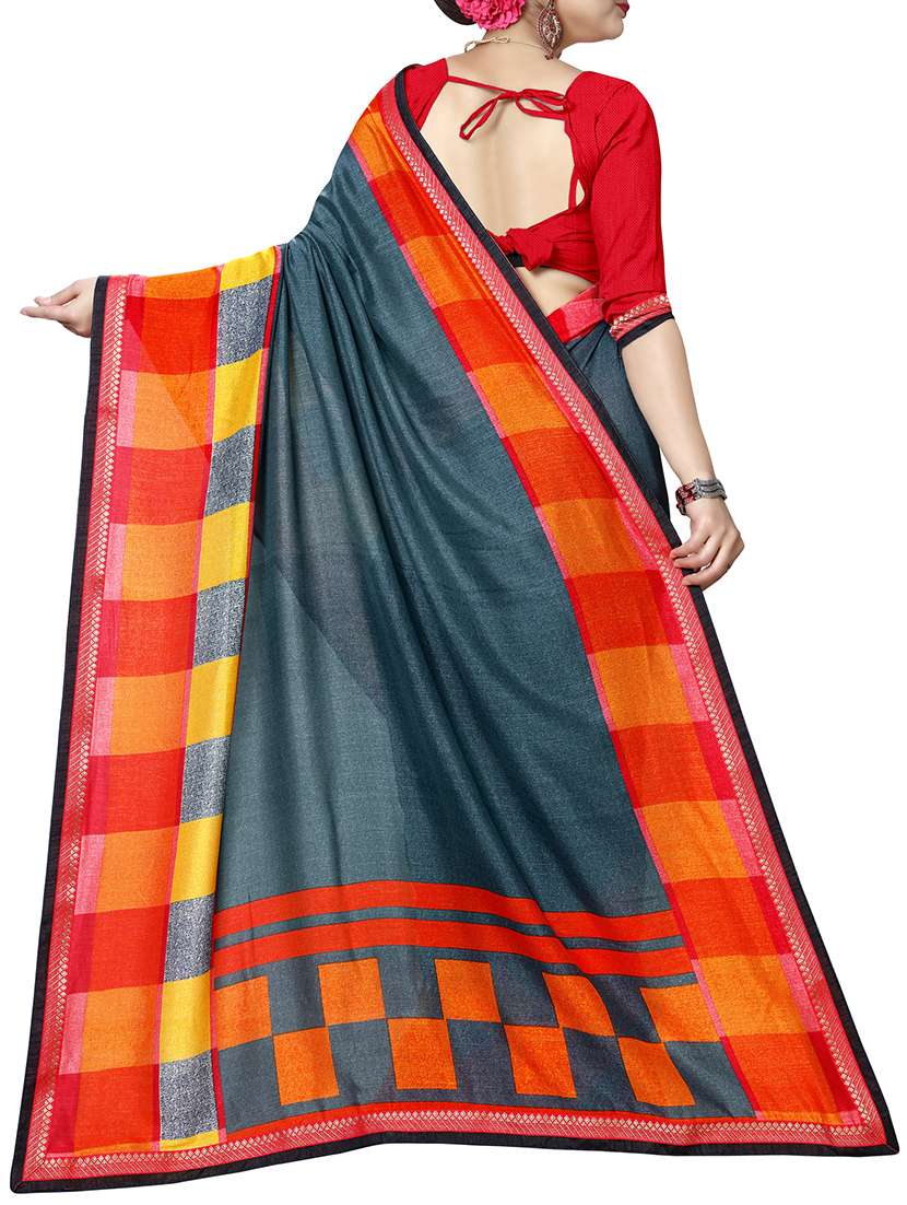 checkered printed border solid saree with blouse - 15809324 -  Standard Image - 1