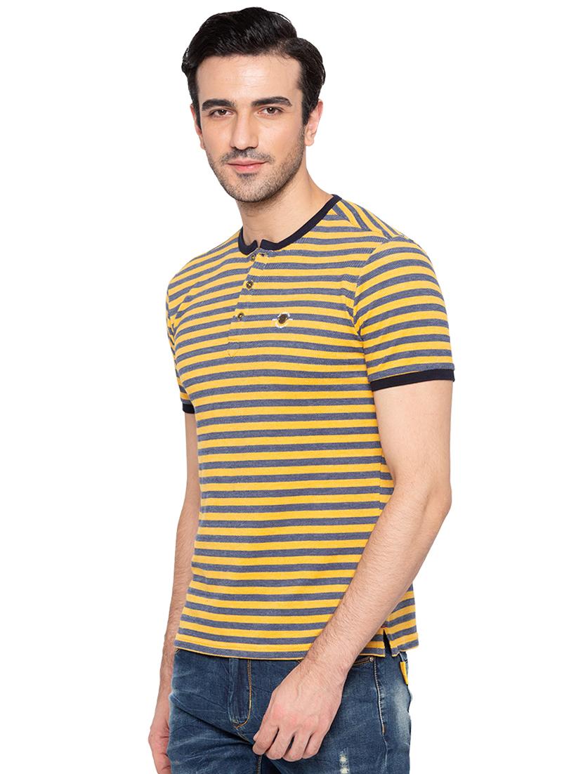 yellow cotton striped henley neck t-shirt - 15810486 - Standard Image - 1