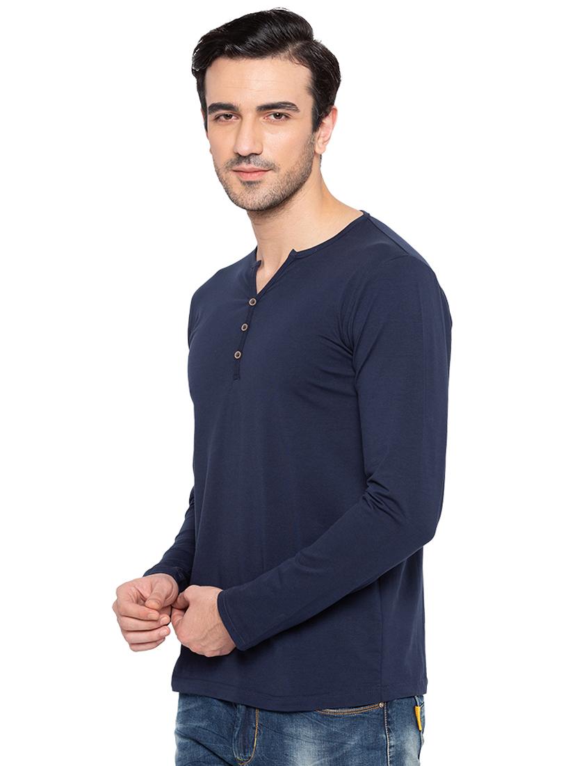 solid blue henley neck t-shirt - 15810505 - Standard Image - 1