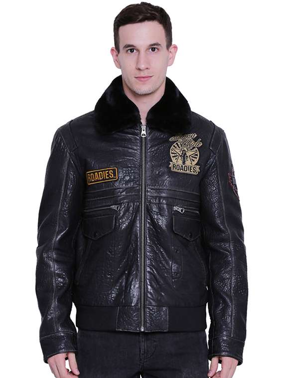 blue patched 100 % leather jacket