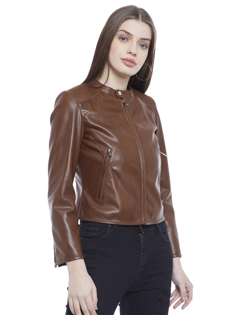 Chocolate Brown Faux Leather Jacket For Women From