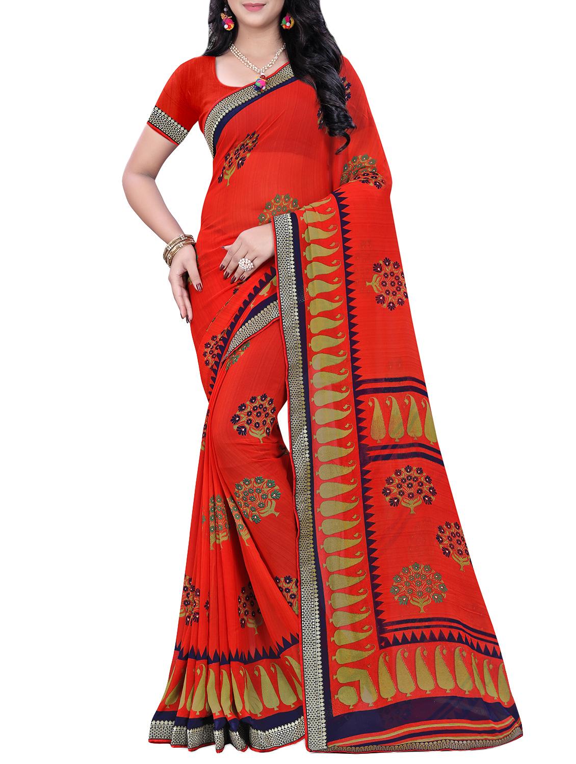 women's bordered orange colored saree with blouse - 15819306 - Zoom Image - 0