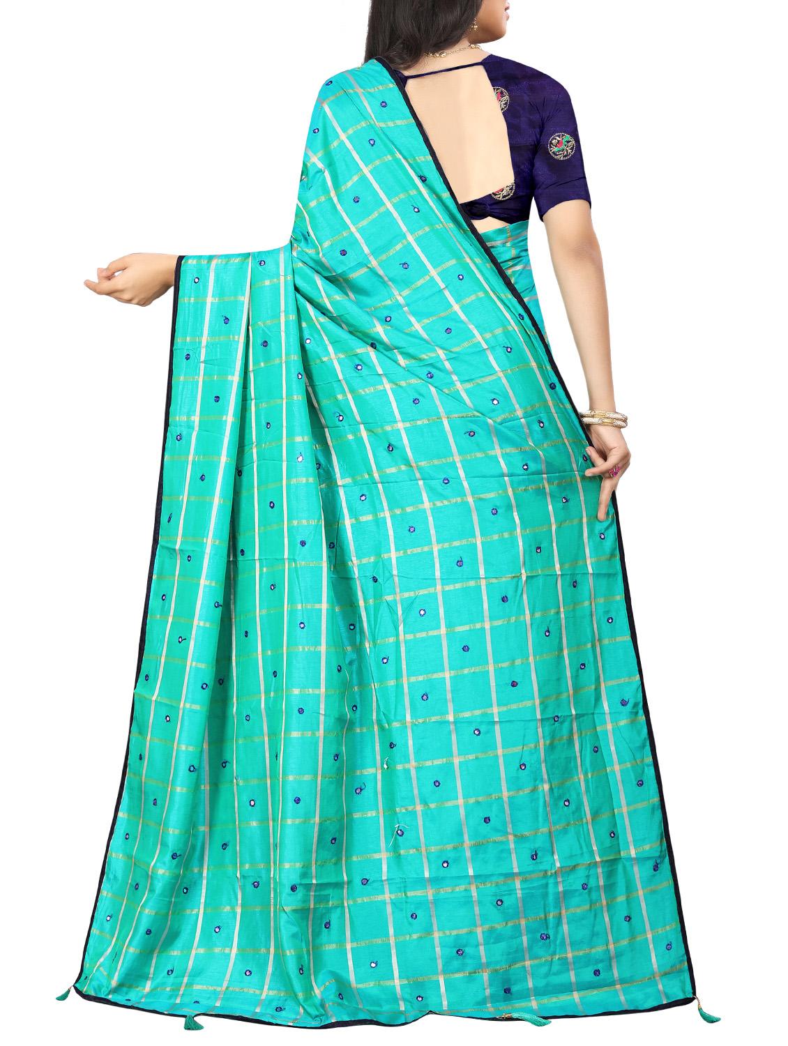 mirror work checkered turquoise embroidered saree with blouse - 15819319 -  Standard Image - 1